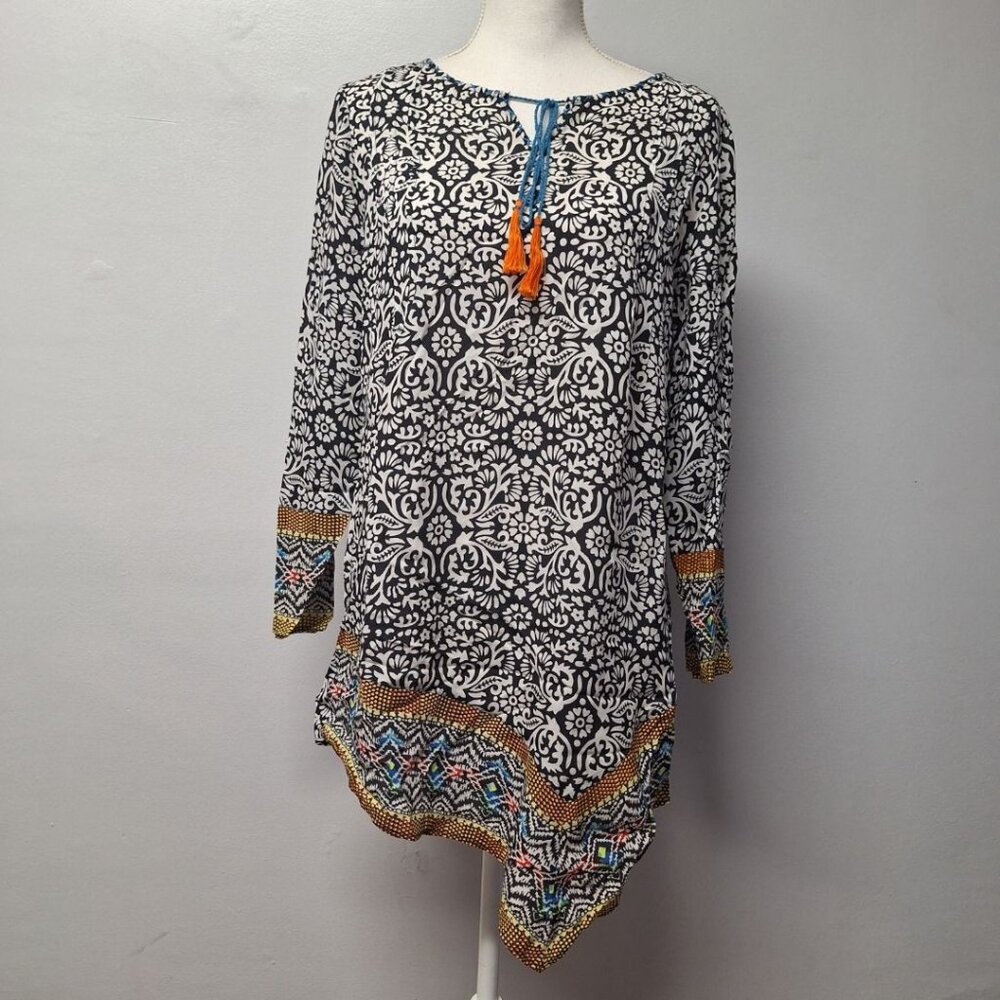 Anthropologie Kyla Seo Tunic Medium Boho‎ Sheer Long Sleeve Tassle Tribal Floral